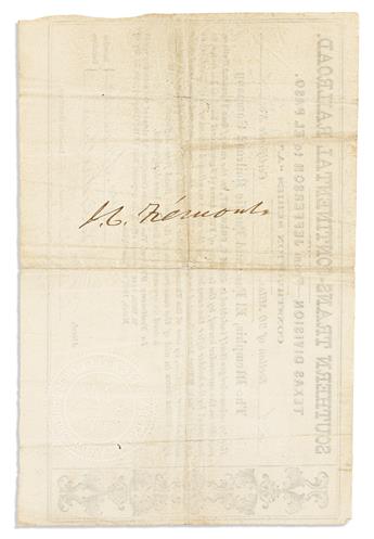 FRÉMONT, JOHN C. Signature, J.C. Frémont, on verso of Southern Trans-Continental Railroad certificate.